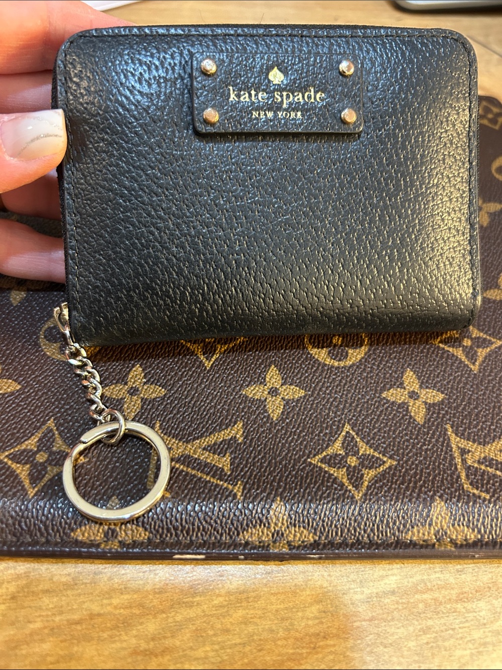 kate spade Black Pebbled Leather Key & Card Holder with Chain